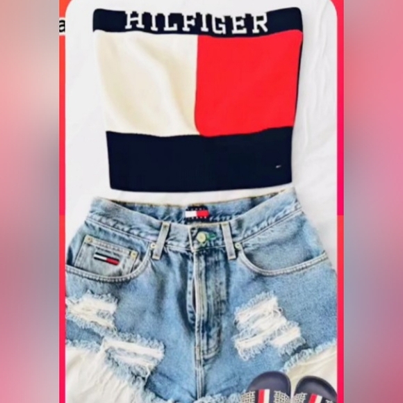 Tommy Hilfiger Red White & Navy Colorblock Strapless Crop Top